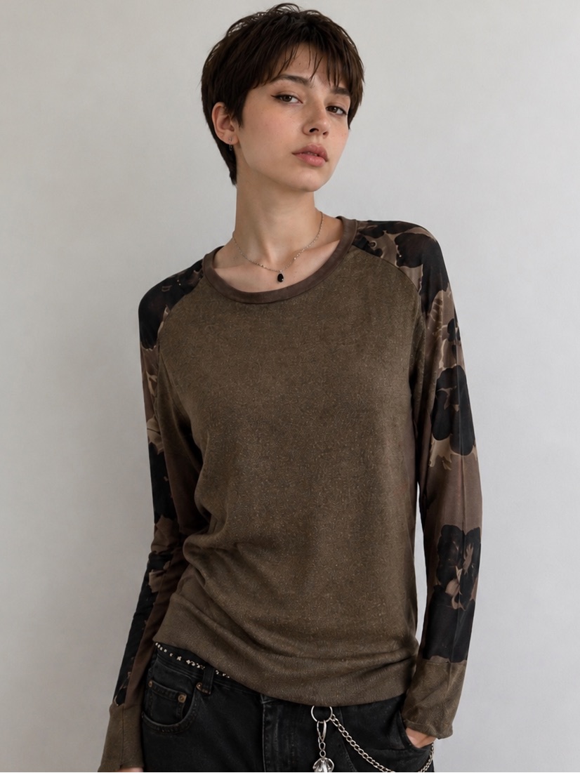 Allsaints Silk Sleeve Wool Sweatshirt Gray Tan Floral Oversized Small